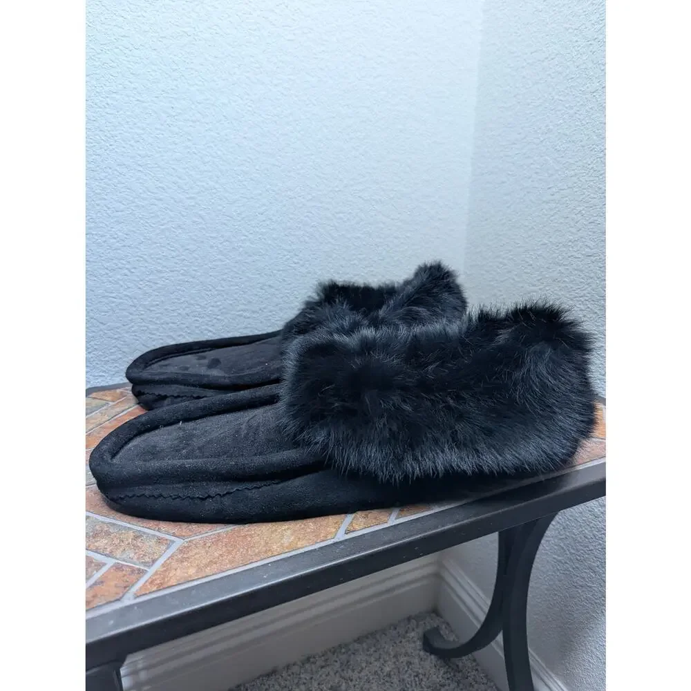 Genuine Rabbit Fur Men's Black Slippers 13 Soft Sole Lounge Casual Cottagecore